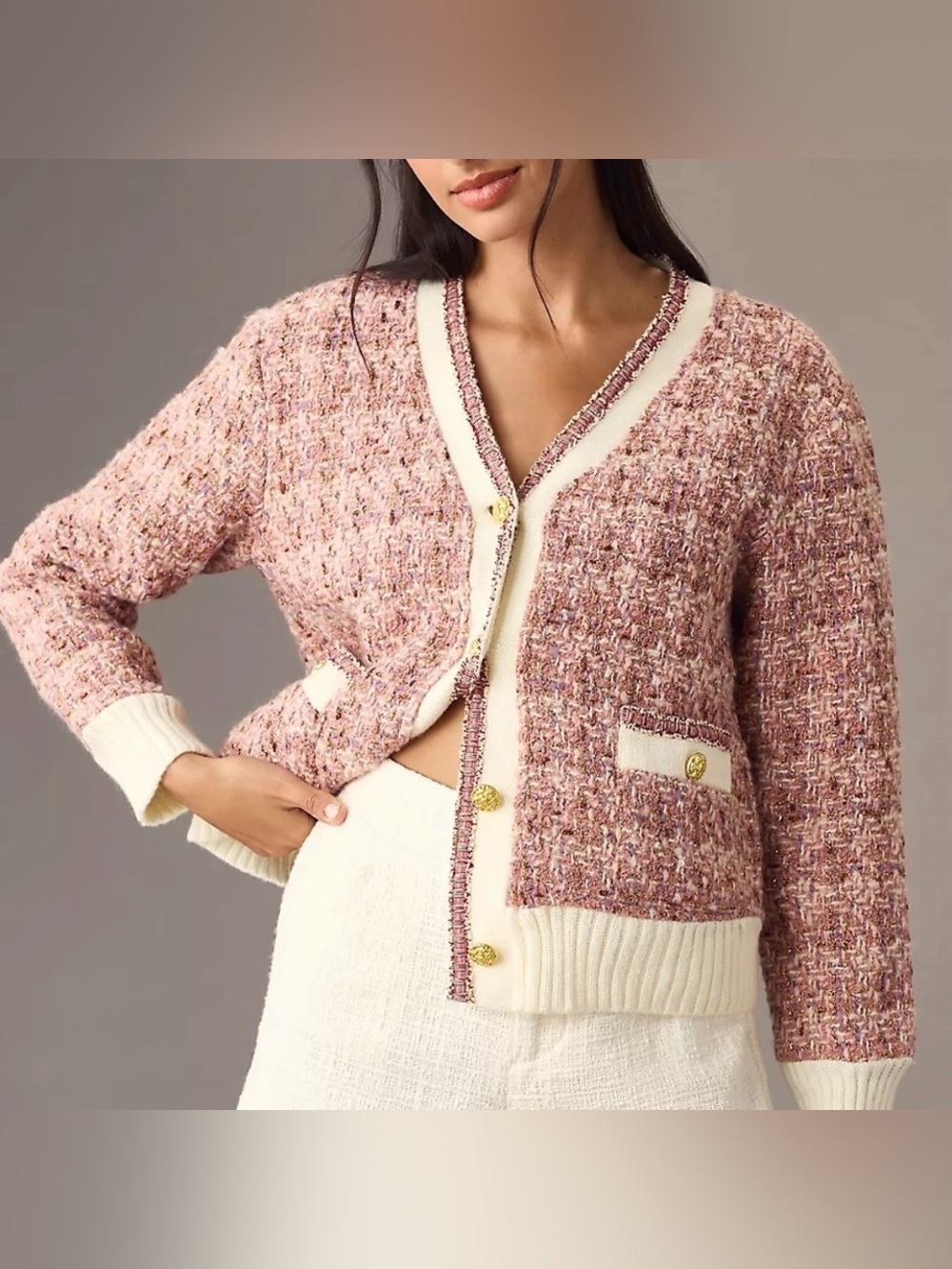 Anthropologie Maeve Pink Tweed V-Neck Cardigan Coatigan Lined XL *missing button